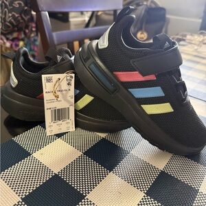 Adidas Kids' Black Sneakers with Blue, Pink, and Yellow Accents